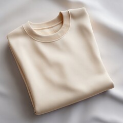 A beige sweater laying on top of a white sheet