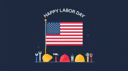 Happy labor day american flag with tools and festive text