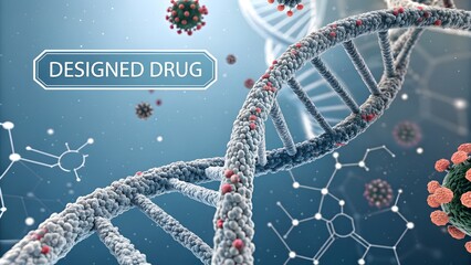 Abstract illustration of a DNA structure with drug particles