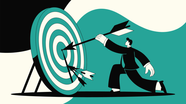 A man in a suit aiming an arrow at a target with two other arrows already in it illustration style