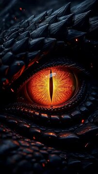 A captivating close-up of a magnificent dragon's eye, showcasing its fiery orange hue and intricate textures that reflect a world of fantasy and power, evoking a sense of awe and mystery.