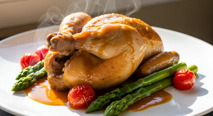 Close up of a plated roasted chicken with asparagus and tomatoes on a white plate steaming hot