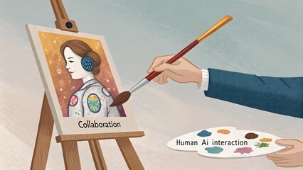 Artist painting portrait of woman in space suit on canvas