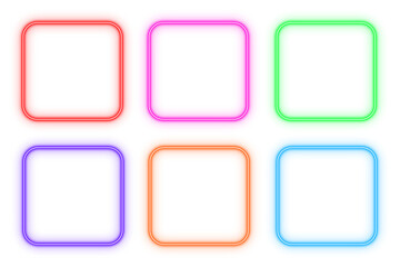 Square box outline neon light frame, set of colorful shaped object elements isolated on white background	