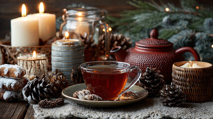 Fototapeta premium Christmas cozy table with tea and candles 
