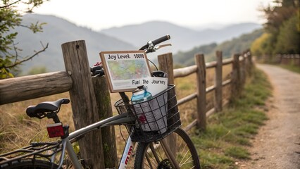 Bicycle leaning against rustic wooden fence with map sign