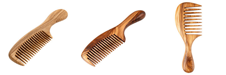Three wooden combs with natural grain patterns and varying tooth spacing isolated on a transparent background