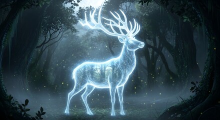 A luminous, ethereal deer with glowing antlers standing in a mystical forest illuminated by soft, magical light and surrounded by tall trees and fog