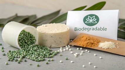 Biodegradable product with its components displayed on a table