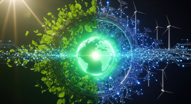 Green energy technology digital network earth solar panel wind turbine leaf sustainability innovation eco friendly renewable energy futuristic