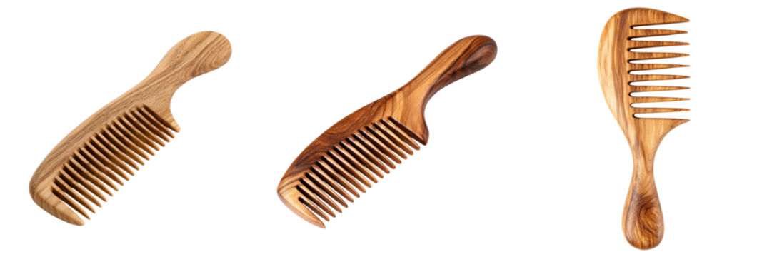 Three wooden combs with natural grain patterns and varying tooth spacing isolated on a transparent background - Powered by Adobe
