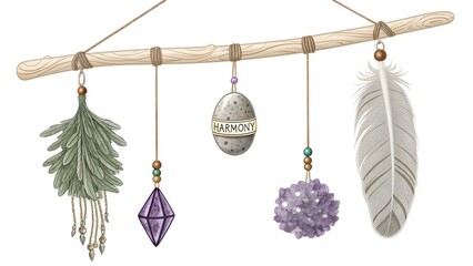 Bohemian Style Mobile Featuring Sage Branch and Hanging Charms