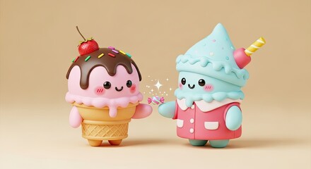Playful Kawaii Style Ice Cream Character Offering a Tiny Treat