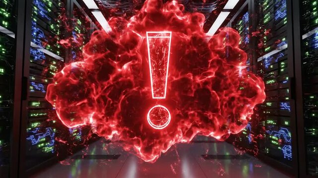 A striking visual representation of a data center under alert, featuring a glowing red cloud with an exclamation mark, highlighting the urgency of technology management and maintenance.