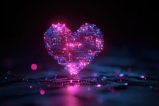 A glowing heart shape made of digital circuits and lights. The heart emits pink and blue hues against a dark background, symbolizing technology and love.