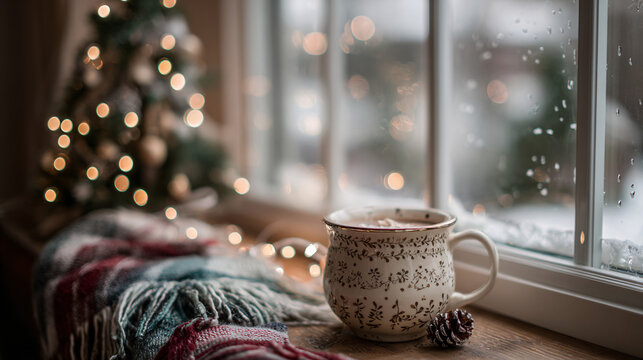Christmas cozy window with hot cocoa mug  - Powered by Adobe