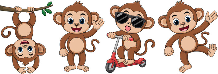 Cute cartoon monkeys playing and riding scooter, funny jungle animals waving and hanging on tree branch, vector illustration for kids