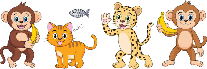 Cute cartoon monkeys with bananas, funny cat with fish, and playful leopard — adorable animal illustration for kids and education