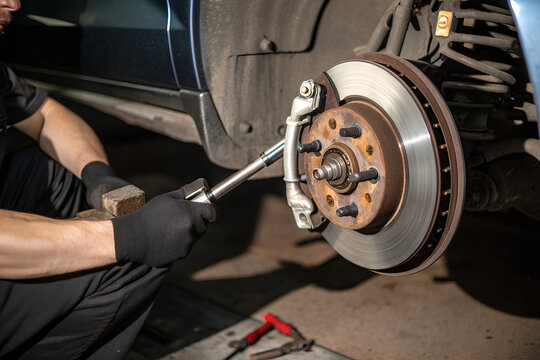Mechanic Tightening Car Brake Assembly with Torque Wrench