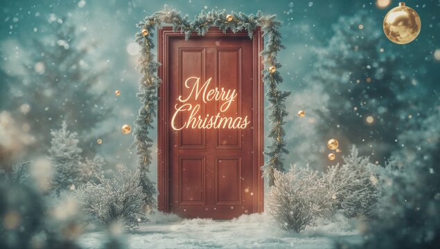 Winter Doorway with Glowing Merry Christmas Text, Surrounded by Snowy Forest and Festive Garland 