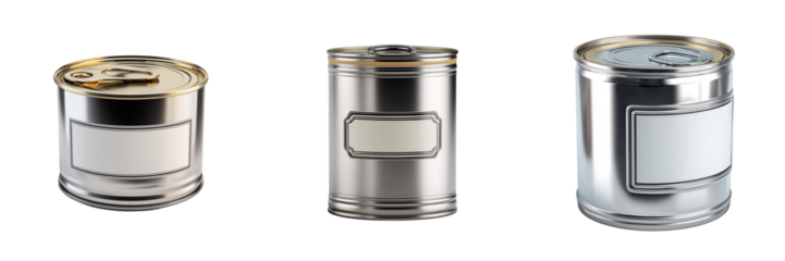 Three metallic food cans with blank labels and pull tabs isolated on a transparent background