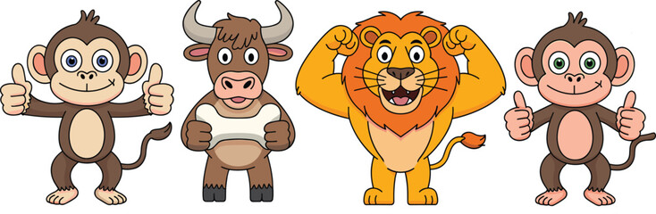 Cute cartoon monkey bull and lion vector illustration, funny jungle animals for kids education, zoo mascot and motivational design