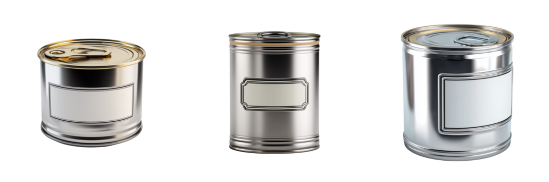 Three metallic food cans with blank labels and pull tabs isolated on a transparent background