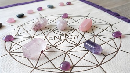 Close up of crystal grid with quartz crystals for energy healing