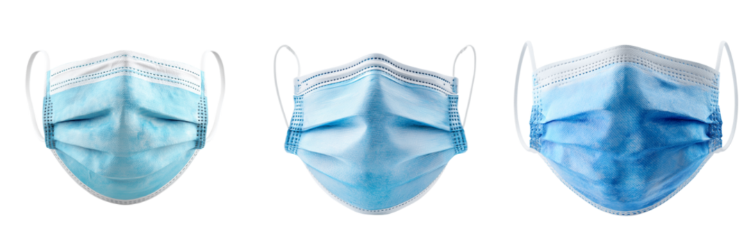 Three blue disposable medical face masks with white ear loops arranged horizontally isolated on a transparent background