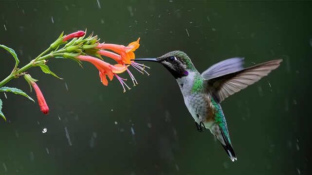 Hummingbird in Rain Feeding at Flower Beautiful Nature in Detail