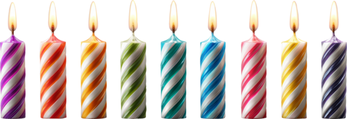 Colorful birthday candle row, striped wax, warm flame, festive celebration joy