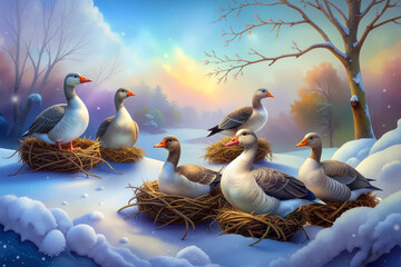 Six geese a-laying. Sixth day of the 12 days of Christmas. Watercolor style.