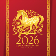Happy chinese new year 2026 - Gold horse china zodiac in circle with flower around on red background vector design