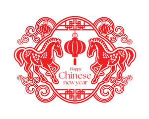Happy chinese new year - Text and chinese lantern hang in curve frame with twin horse china zodiac around vector design