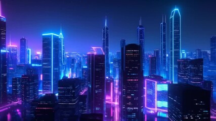 A cityscape glows with neon lights. Skyscrapers reflect in the dark night sky, futuristic - Powered by Adobe