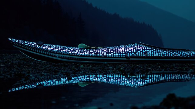 kayak. A kayak rests on the shoreline, reflecting calm blue waters in a serene natural setting. tourism brochures, itinerary planners, designed for travel destination branding.