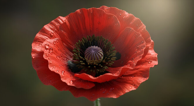 A close up of a vibrant red poppy flower with water droplets on its petals in soft lighting outdoors