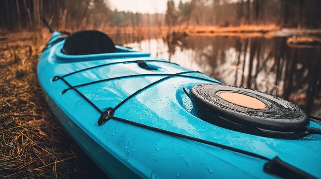 kayak. A kayak rests on the shoreline, reflecting calm blue waters in a serene natural setting. tourism brochures, itinerary planners, designed for travel destination branding.