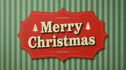 Retro Merry Christmas Greeting Card Design with Textured Red Label and Green Striped Background