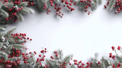 Festive Pine and Berry: A symmetrical tableau, Christmas tree branches with frosted leaves artfully frame an open space, punctuated by vibrant red berries.