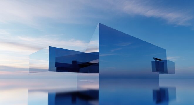 Modern abstract structure reflects light and sky during sunset in a serene, outdoor environment