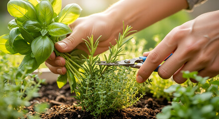 Close up of hands trimming fresh herbs in a garden with basil rosemary and thyme plants outdoors