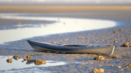 kayak. A kayak rests on the shoreline, reflecting calm blue waters in a serene natural setting. tourism brochures, itinerary planners, designed for travel destination branding.