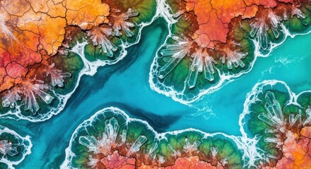 Colorful abstract landscape of mineral deposits and water near a river in a unique natural setting