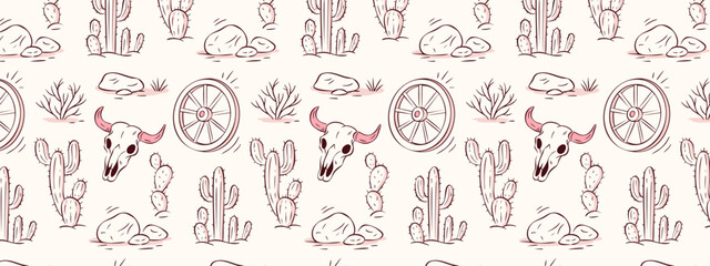 A cowgirl western seamless pattern with cactus, skull and wagon wheel in a whimsical pink vintage desert style. A cowgirl western background for fabric, boho wallpaper, or retro country design.