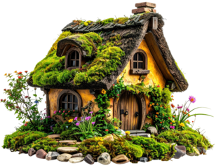 Charming, miniature cottage with moss-covered roof, nestled amongst lush foliage