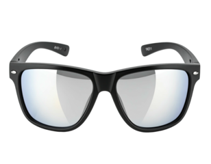 Stylish sunglasses with a black frame and mirrored lenses, isolated on black