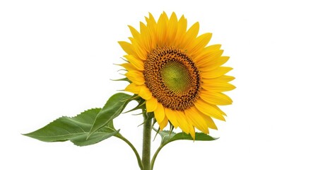 Fototapeta premium Bright yellow sunflower bloom with green leaves isolated on white isolated on white background