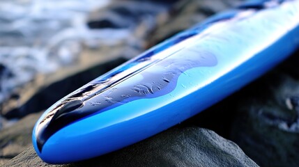 kayak. A kayak rests on the shoreline, reflecting calm blue waters in a serene natural setting. tourism brochures, itinerary planners, designed for travel destination branding.