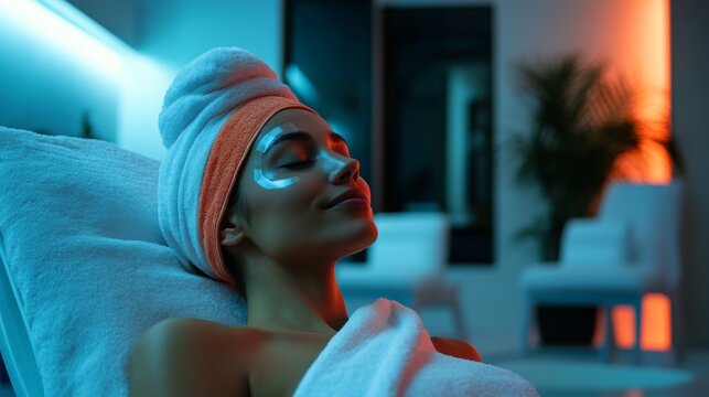 A serene moment of relaxation in a spa. The woman enjoys a calming facial treatment in soft, tranquil lighting. Embrace wellness and rejuvenation. Generative AI
